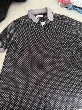 Thomas Sterling  Black Polo with White Geo Dot Print and Gray Trim